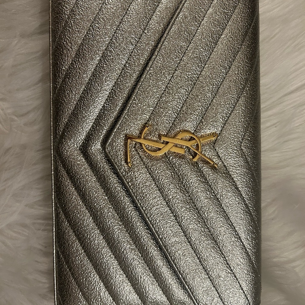 Yves Saint Laurent Metallic Silver Chevron Wallet